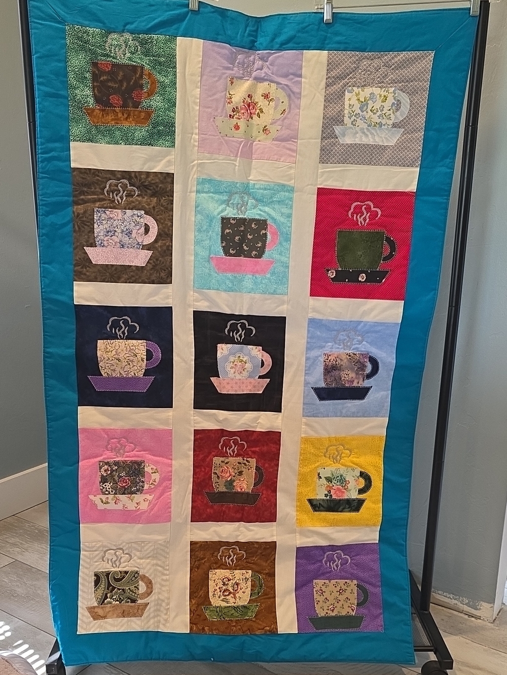 Handmade Whimsy Folksy Teacup Quilt Granny Squares Lap blanket